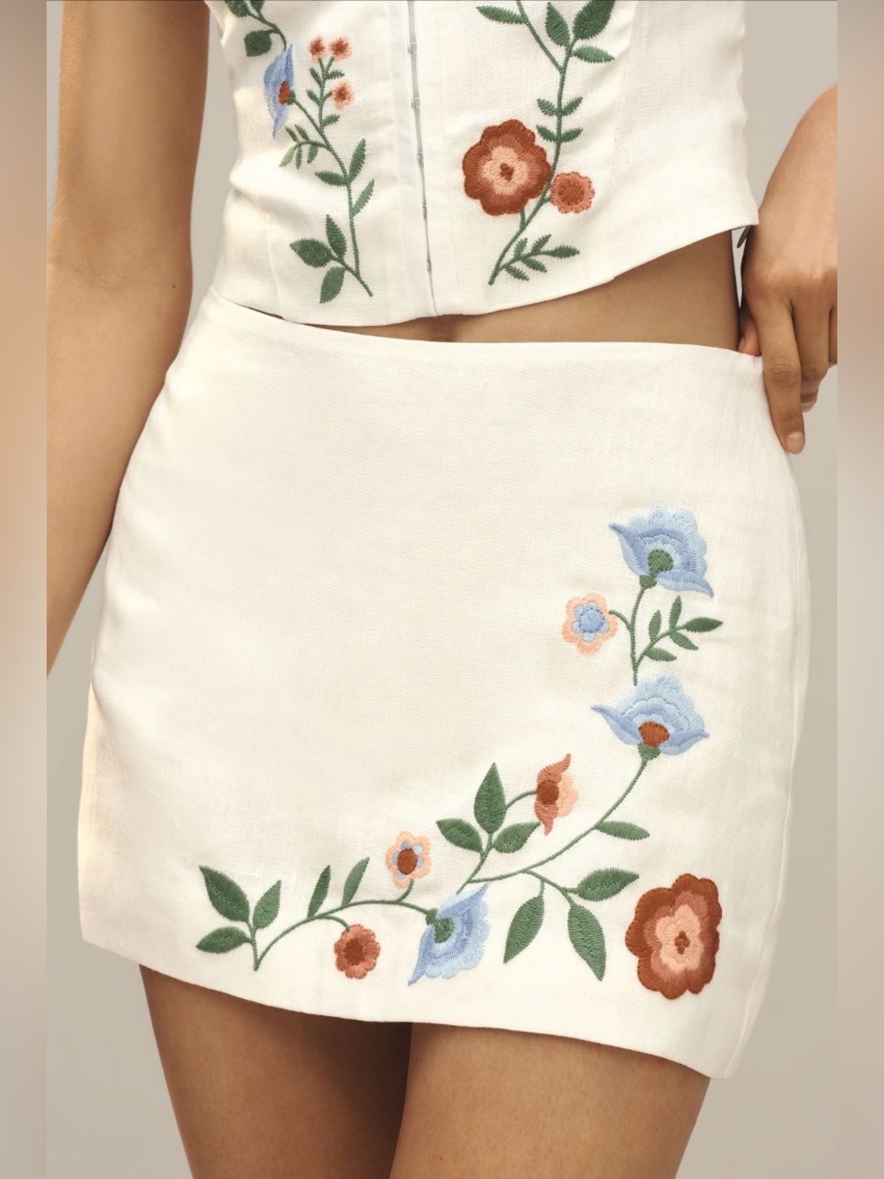 Reformation Ren Linen Mini Skirt White Embroidered Floral Size 12 NWT